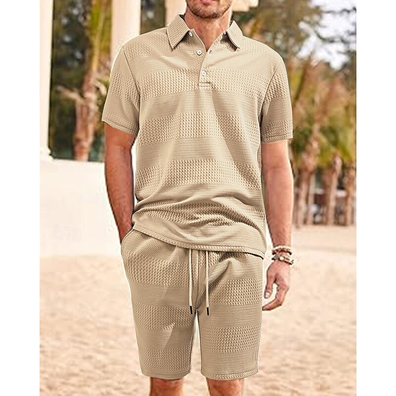 Men's Jacquard Tracksuit Polo Shirt & Shorts Set Outfit Set Lapel Outdoor Daily Sports Pocket Drawstring 2 Piece Plain Black White Navy Blue Polyester Activewear Classic Casual Summer