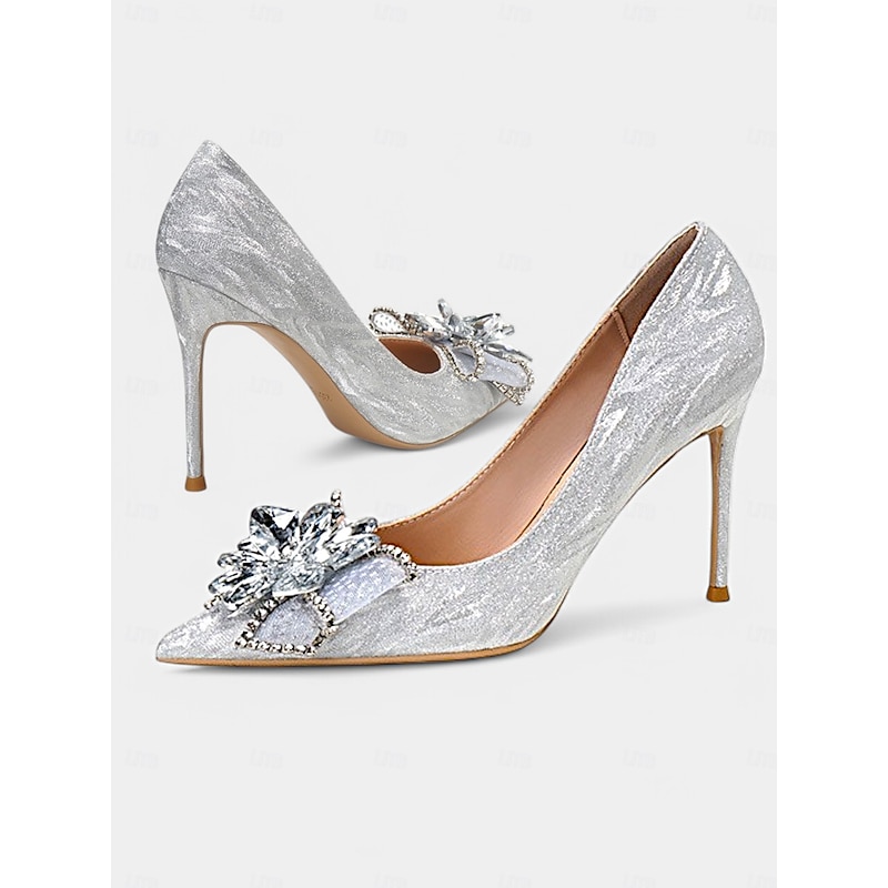 Silver Glitter High Heels for Women – Sparkling Wedding Shoes with Rhinestone and Crystal Flower Detail, Elegant Party Footwear4