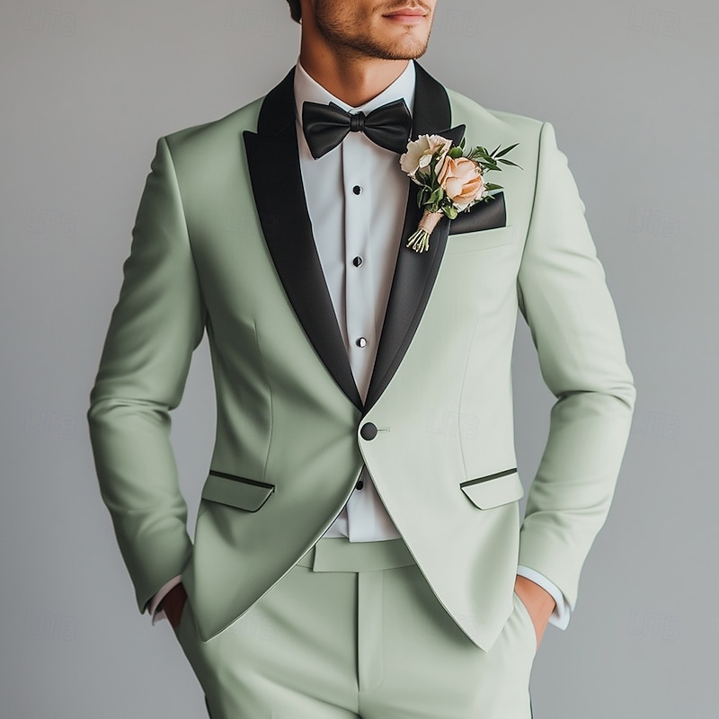 Men's Wedding Prom Party Suits Peaked Lapel Light Green Fashion Formal Solid Colored Standard Fit 2 Piece Single Breasted One-button