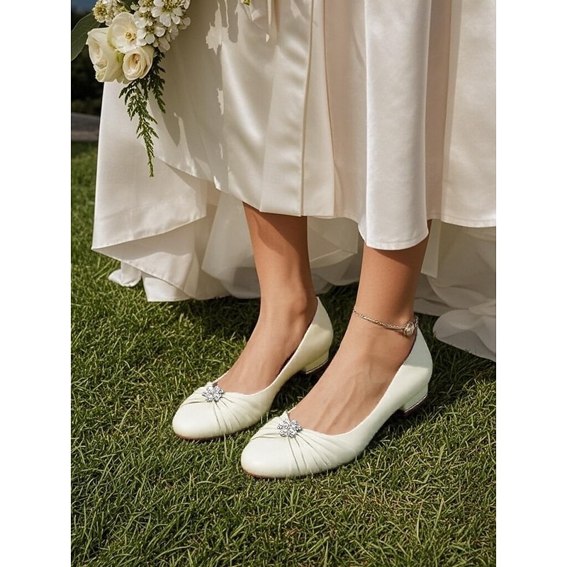 Women's Light Blue Satin Wedding Flats with Rhinestone Brooch – Elegant Low Heel Bridal Shoes for Bride, Bridesmaids, and Formal Occasions2