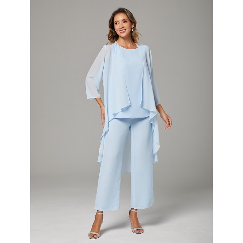 Pantsuit 3 Piece Mother of the Bride  Wedding Guest Elegant Plus Size Bateau Neck Floor Length Chiffon Sleeveless Wrap Included with Solid Color3