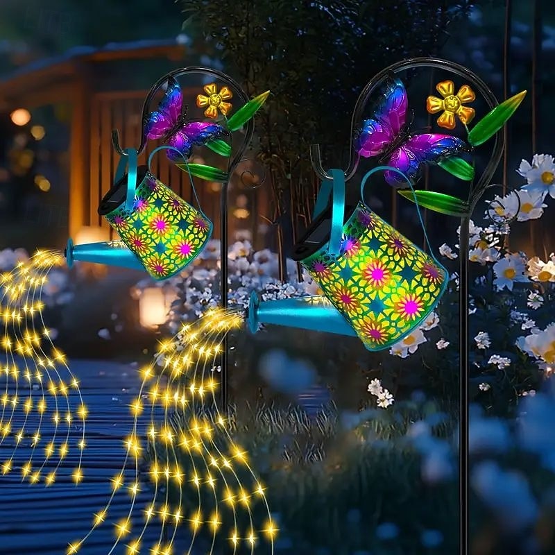 Solar Watering Kettle Light with Colorful Butterfly Shepherd Hook Waterproof Solar Garden Light Wrought Iron LED Outdoor Garden Light for Courtyard Terrace Sidewalk Lawn Decoration4
