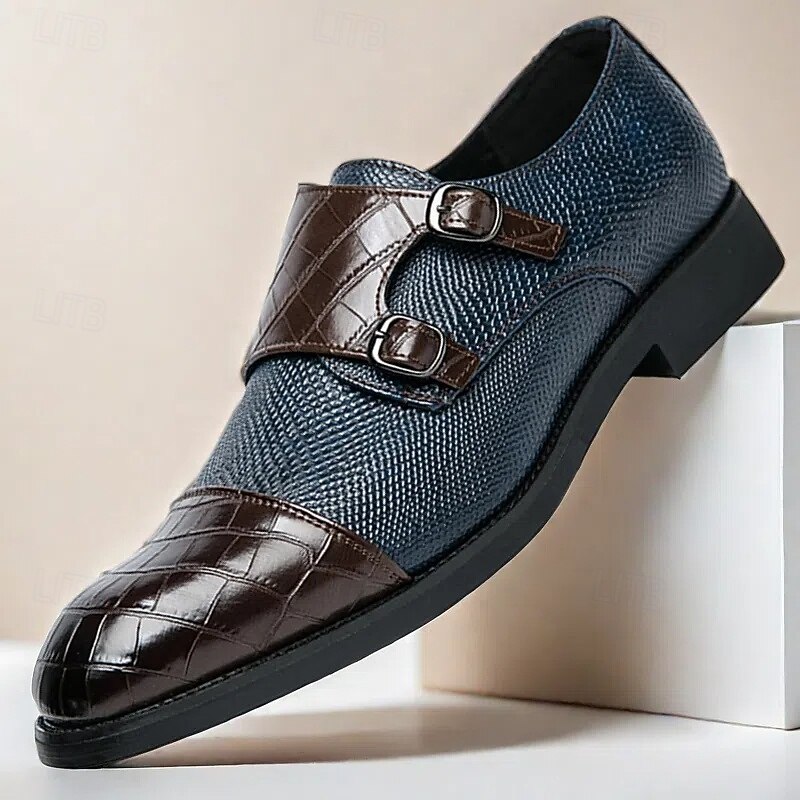 Men's Blue and Brown Faux Leather Double Monk Strap Shoes with Crocodile Print – Premium Formal Footwear for Stylish Men, Ideal for Business, Weddings, and Special Events