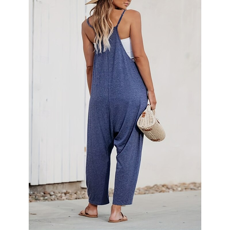 Women's Normal Overall Active Solid Color Sleeveless V Neck Pocket Vacation Daily Regular Fit Royal Blue Summer2