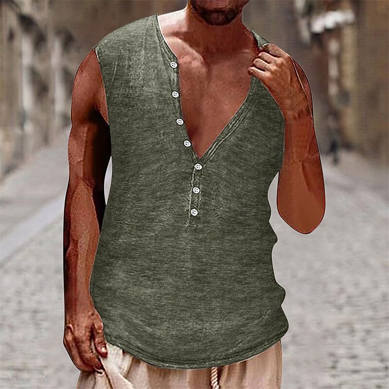 Men's Tank Top Vest Top Undershirt Sleeveless Shirt Sleeveless Henley Summer Plain Vintage Fashion Designer Buttons Vacation Street Going out Black White Brown Top Tee for Men2