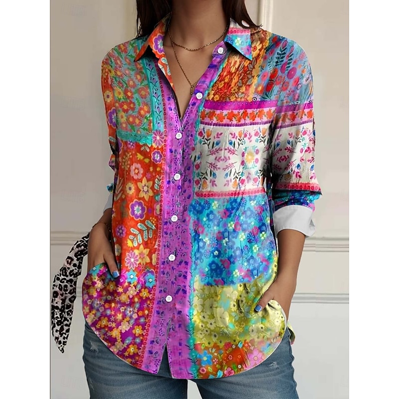 Women's Shirt Button Down Tunic Shirt Collar Long Sleeve Floral Bohemia Tropical Casual Regular Tops Daily Holiday Going out s Print Rainbow Spring