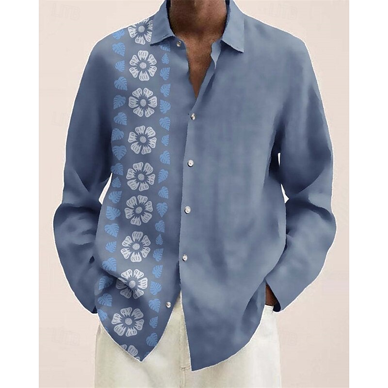 Men's Shirt Summer Shirt Casual Shirt Beach Shirt Button Up Shirt Black Blue khaki Beige Light Blue Long Sleeve Graphic Stripe Lapel Vacation Hawaiian Button-Down Clothing Apparel Polyester Fashion3