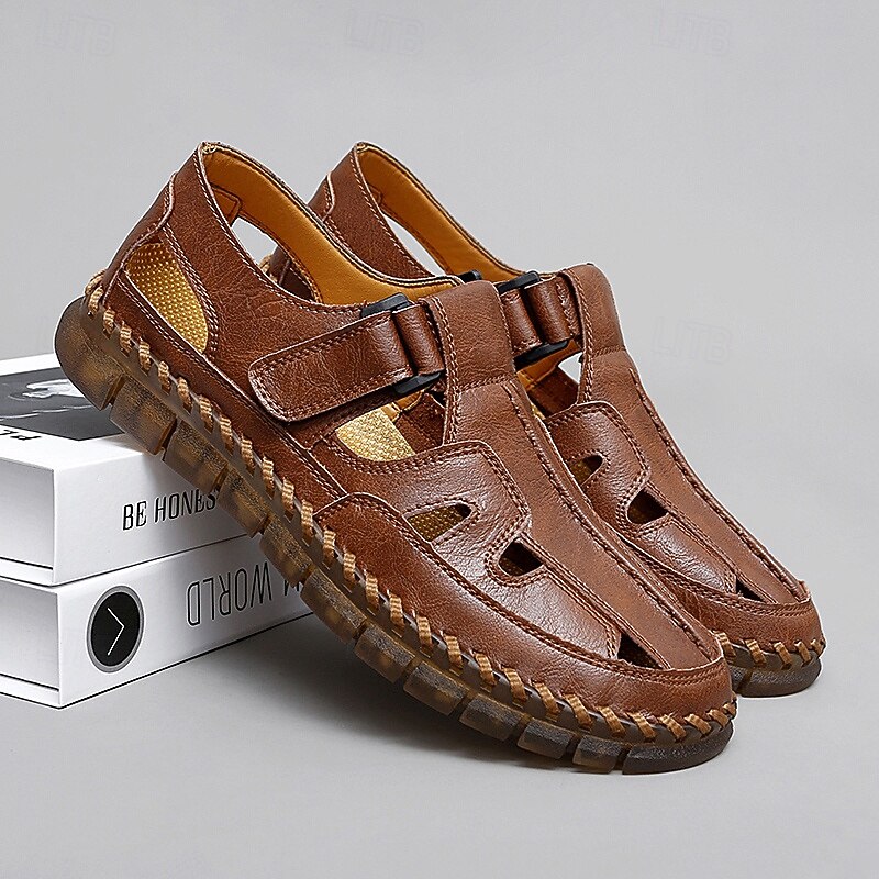Men's Brown Faux Leather Fisherman Sandals with Velcro Strap, Breathable Design and Comfortable Sole for Summer, Outdoor Activities and Beach Wear4