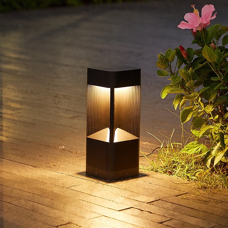 Modern Landscape Path Light Warm Light Pathway Lights Outdoor LED Waterproof Bollard Light Black Square Aluminum Post Light Fixture External Lawn Bollard Lantern for Porch Garden Front Yard 110-240V 20W3