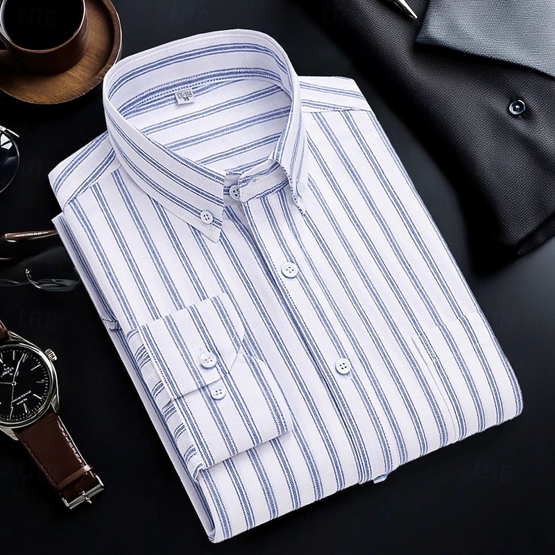 Men's Dress Shirt Button Down Shirt Oxford Shirt Non Iron Shirt Striped Shirt Plaid / Striped / Chevron / Round Wedding Office & Career Light Blue White Navy Blue Royal Blue Long Sleeve Shirt Collar2
