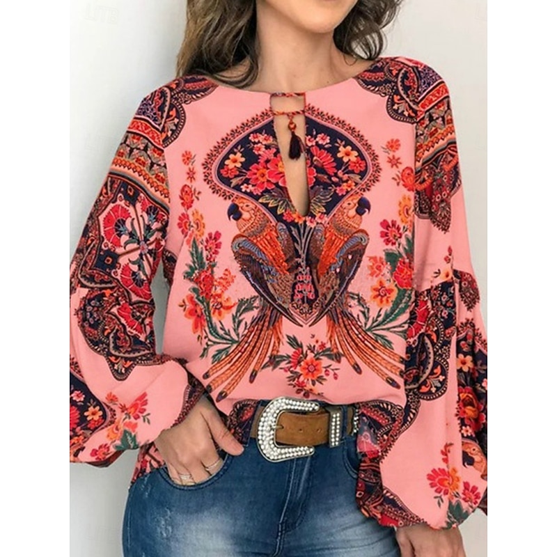 Women's Shirt Blouse Floral Bohemia Retro Vintage Casual Long Sleeve Crew Neck Regular Tops Daily Print White Pink Summer Spring4