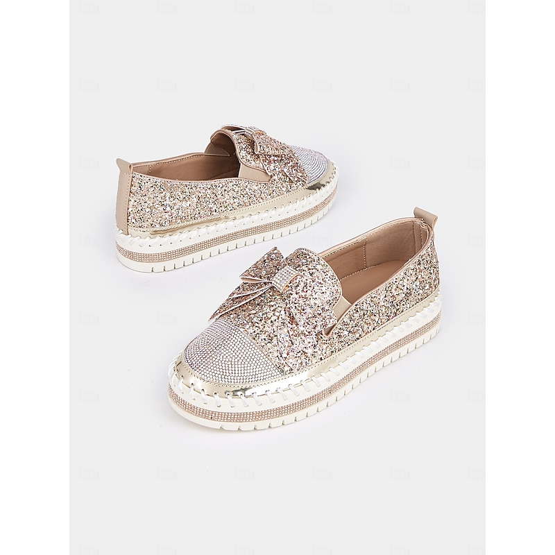Sparkling Rhinestone Loafers for Women – Glittery Slip-On Flats with Bow Design for Weddings, Parties, and Special Occasions4
