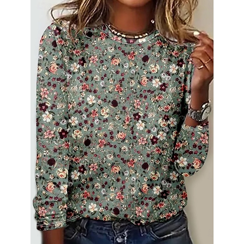 Women's T shirt Crew Neck Long Sleeve Tunic Floral Elegant Vintage  Regular Tops Daily Going out Weekend Print Sage Green