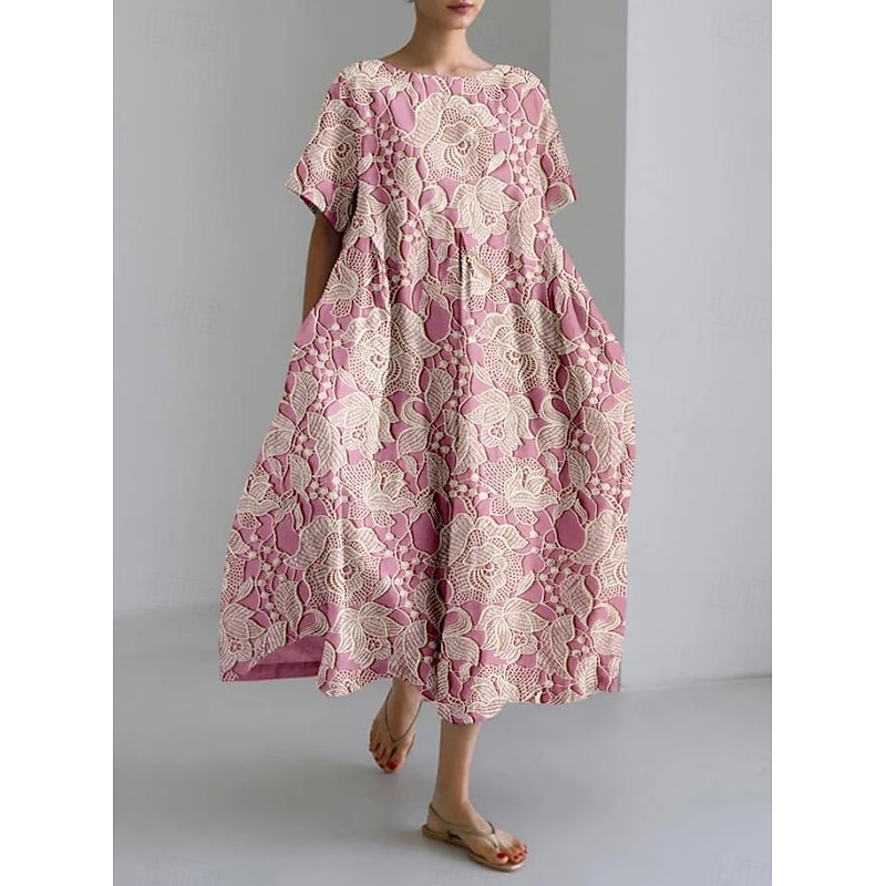 Women's Maxi Dress Casual Dress Casual Vacation Loose Fit Floral Graphic Linen Like 3/4 Length Sleeve Crew Neck Pink Spring Fall Winter