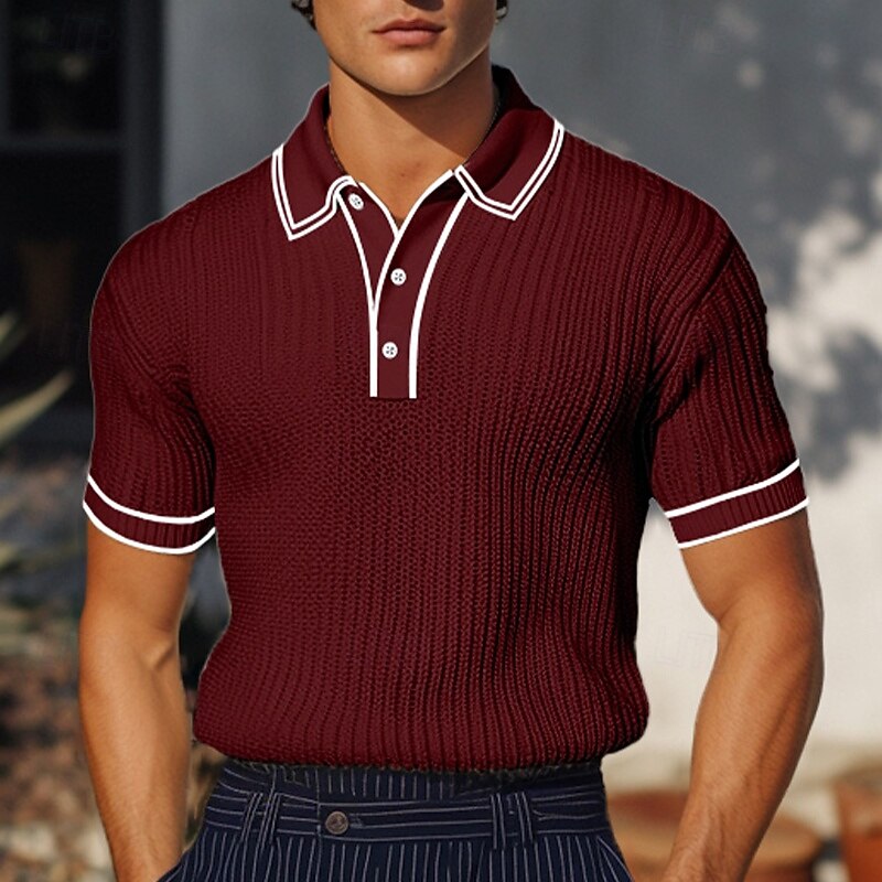 Men's Rib Knit Top Muscle Shirt Holiday Lapel Ribbed Polo Collar Short Sleeve Basic Modern Color Block Patchwork Pocket Spring & Summer Slim Fit White Burgundy Navy Blue Gray Light Blue Rib Knit Top2