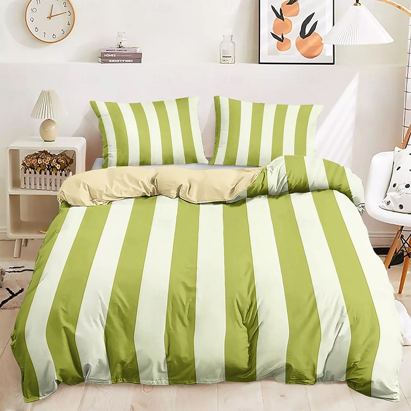 Green Stripe Pattern Duvet Cover Set Comforter Set 2/3PCS Luxury Cotton Bedding Set Home Decor Bedding Gift King Queen Full Size Queen King Size3