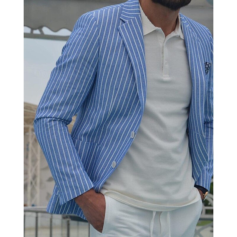 Men's Graduation Blazer Business Cocktail Party Wedding Party Fashion Casual Spring Autumn / Fall Cotton Blend Stripes Pocket Buttons Comfortable Single Breasted Blazer Royal Blue