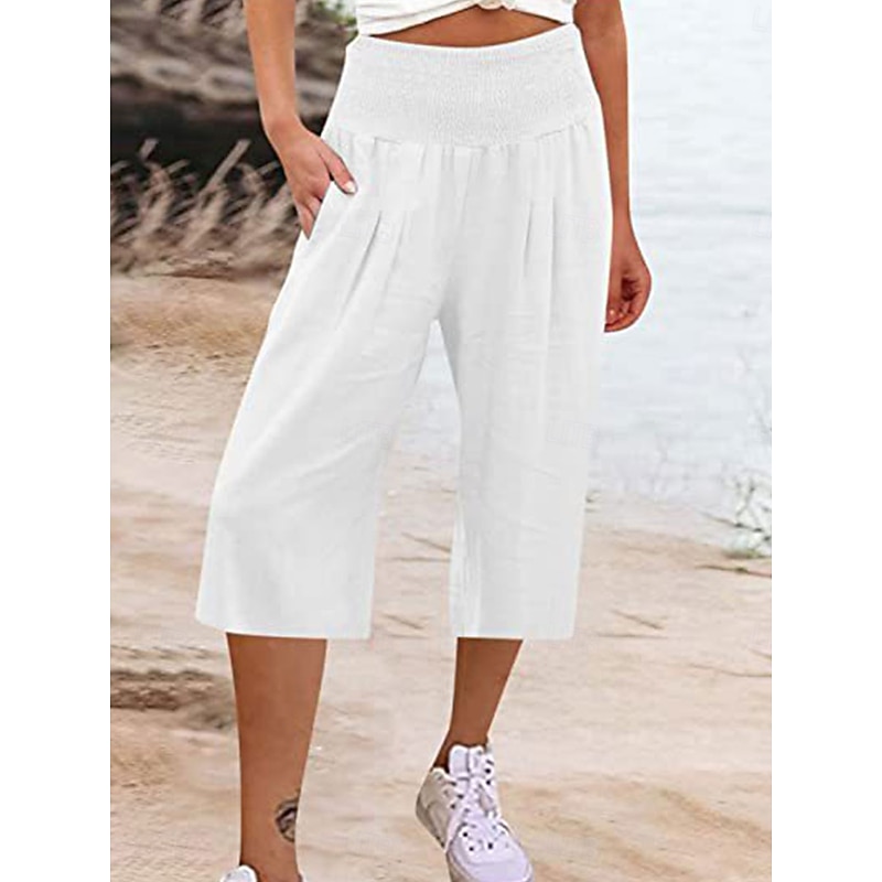 Women's Cotton Linen Shorts Linen-Inspired Pants Cotton Linen Pants Fashion Streetwear Basic Calf-Length High Waist Plain Pocket Elastic Waistband Comfort Outdoor Micro-elastic Vacation Street Daily