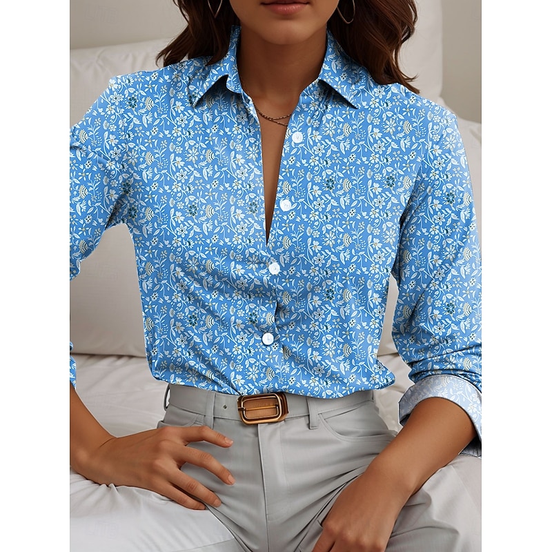 Women's Shirt Button Down Tunic Shirt Collar Long Sleeve Floral Casual Regular Tops Work Daily s Print Blue Spring Fall Winter
