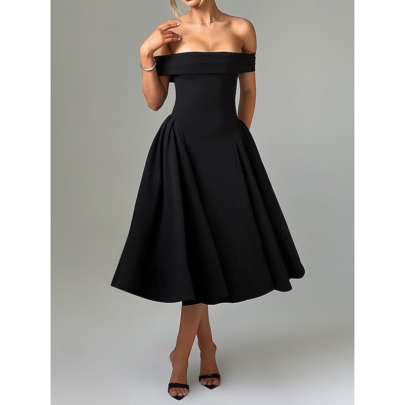 Retro Vintage 1950s Midi Dress Flare Dress Off Shoulder Solid Color A-Line Fancy Dress Women's Masquerade Wedding Vacation Tea Party Adults' Dress3