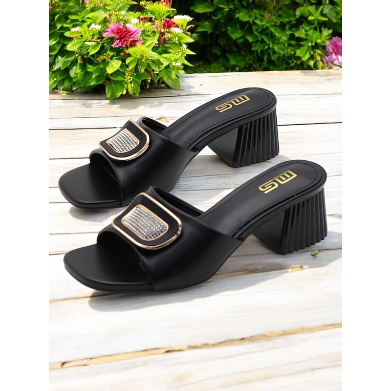 Women's Black Rhinestone Buckle Block Heel Mules – Open-Toe Slip-On Sandals for Elegant Summer & Evening Wear2