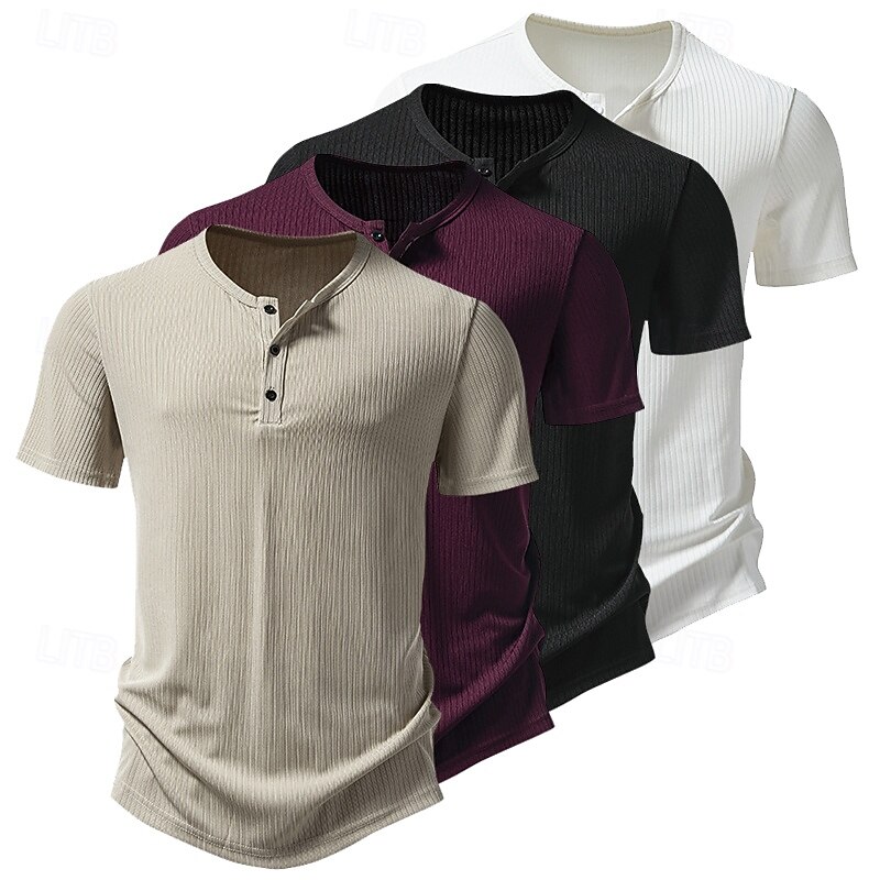 Men's Henley Shirt Tee Rib Knit Top Muscle Shirt Short Sleeve Solid Color Plain Knitwear Casual Buttons Pit Strip Henley Vacation Casual Daily Summer Spring &  Fall Black White Burgundy Henley T-Shirt