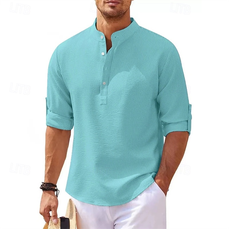Men's Shirt Popover Shirt Summer Shirt Casual Shirt Beach Shirt Waffle Knit Shirt Black White Blue Sky Blue Army Green Long Sleeve Plain Stand Collar Vacation Hawaiian Buttons Clothing Apparel