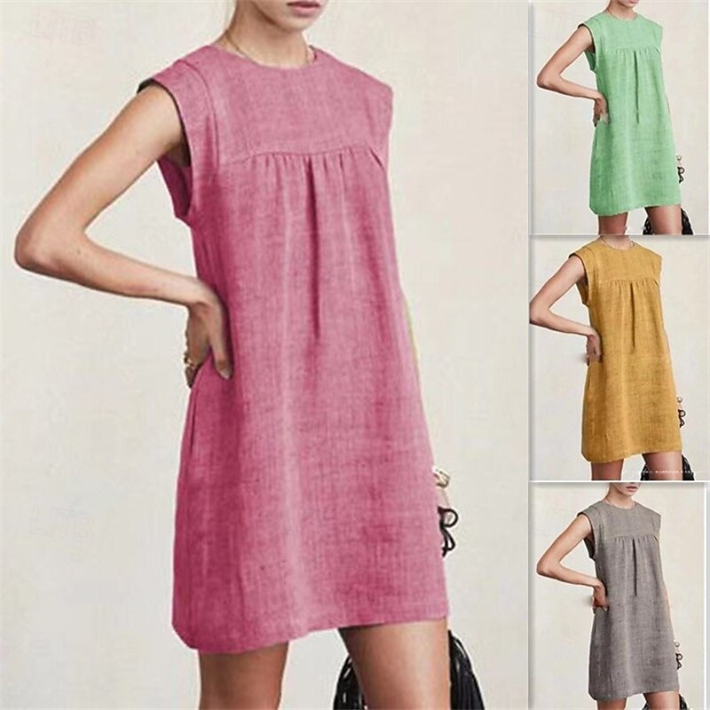 Women's Mini Dress Linen-Inspired Dresses Casual Dress Cotton Linen Dress Stylish Casual Vacation Daily Date Regular Fit Plain Sleeveless Crew Neck Yellow Red Gray Summer Spring