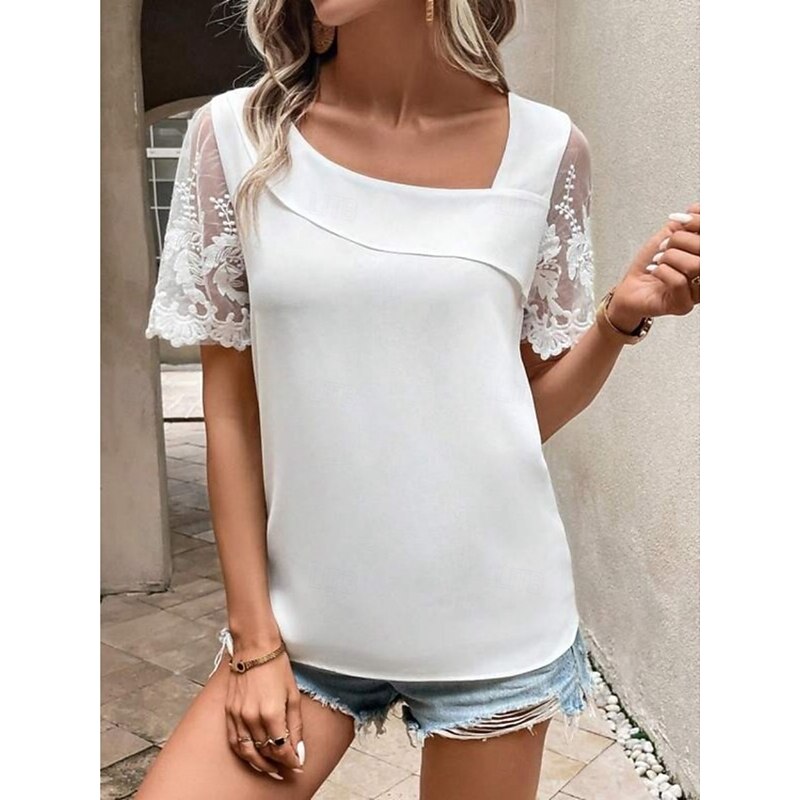 Women's Camisole Tank Top Solid Color Stylish Casual Short Sleeve V Neck Regular Tops Daily Lace Patchwork White Summer Spring3