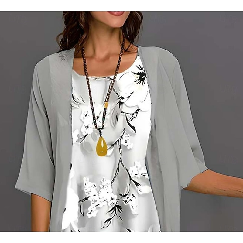 Women's Graduation Dress Midi Dress Chiffon Dress Shift Dress Elegant Vacation Flowy Formal Wedding Wedding Guest Loose Fit Floral Half Sleeve Crew Neck Gray Summer Spring2