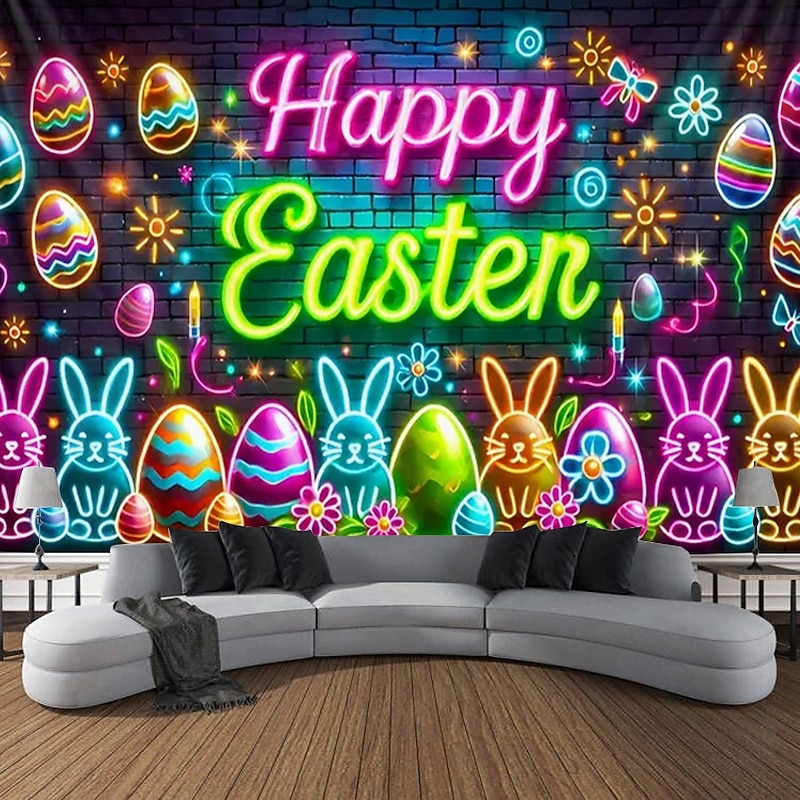 Eggs Blacklight Tapestry Glow in the Dark Glow Party UV Reactive Bunny Rabbit Trippy Misty Nature Landscape Hanging Tapestry Wall Art Mural for Living Room Bedroom3