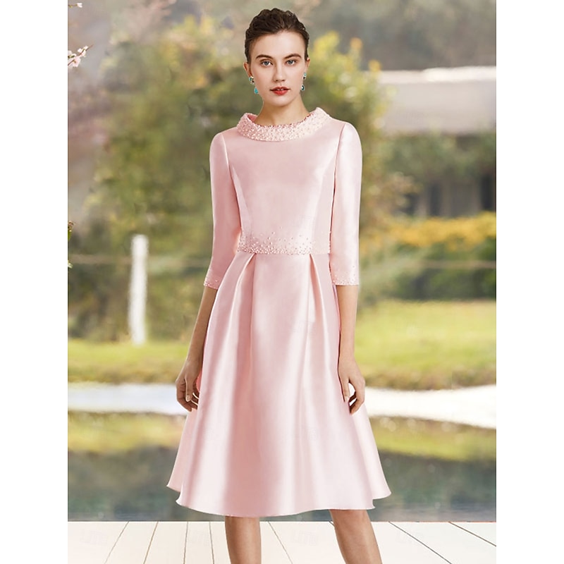A-Line Mother of the Bride Dress Wedding Guest Elegant Jewel Neck Knee Length Satin Half Sleeve with Beading Race Day Dress4