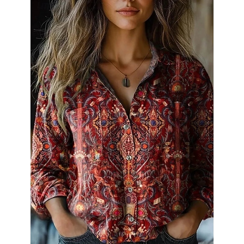 Women's Shirt Floral Retro Vintage Ethnic Long Sleeve Shirt Collar Regular Tops Daily Holiday Pocket Buttons Print Wine Red Blue Summer2