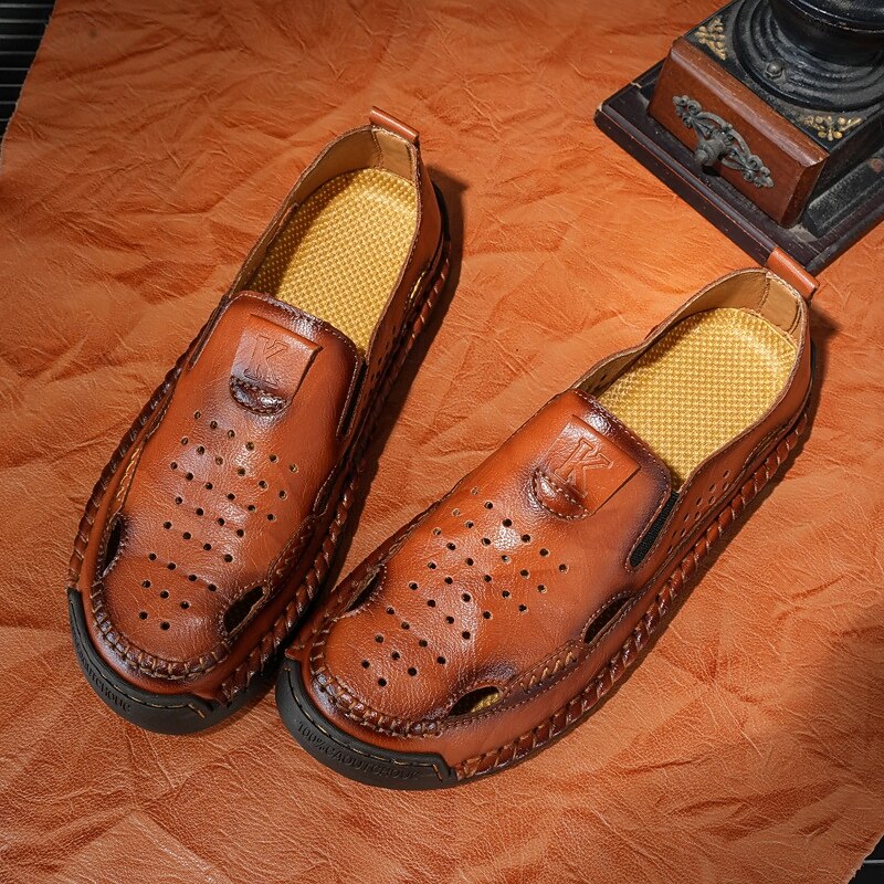 Men's Brown Leather Slip-On Sandals with Perforated Detailing and Stretch Panels – Comfortable and Stylish for Casual Wear, Outdoor and Summer Activities4