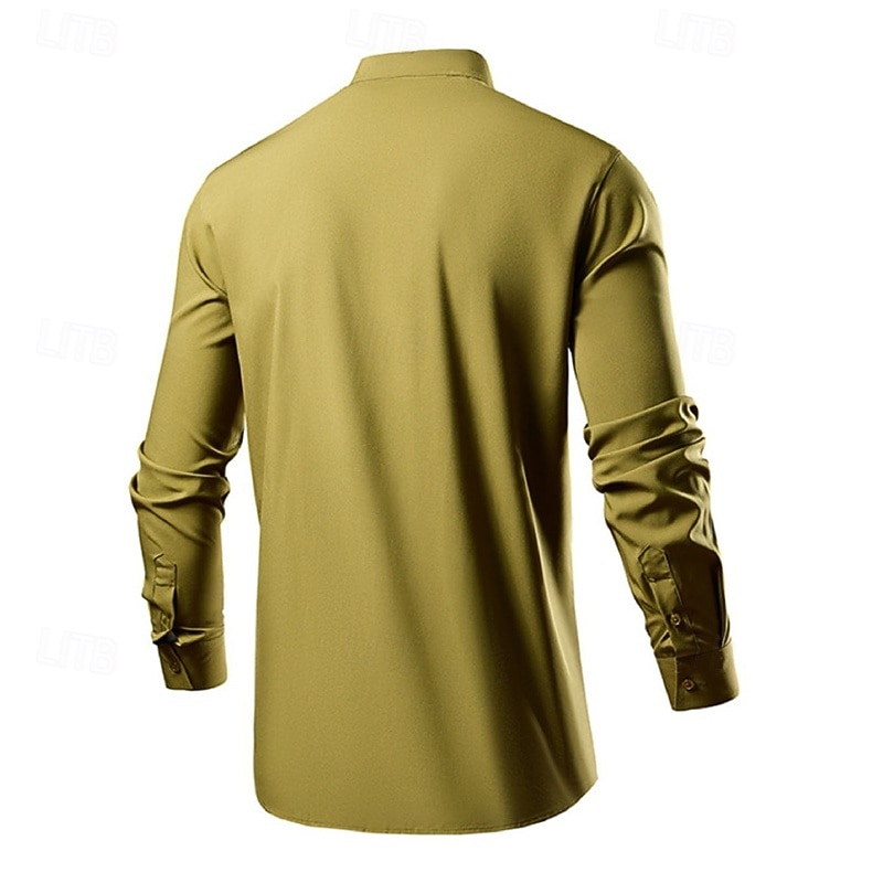 Men's Shirt Summer Shirt Casual Shirt Beach Shirt Button Up Shirt Black White Green Long Sleeve Plain Grandad Collar Band Collar Vacation Hawaiian Button-Down Clothing Apparel Polyester Fashion4