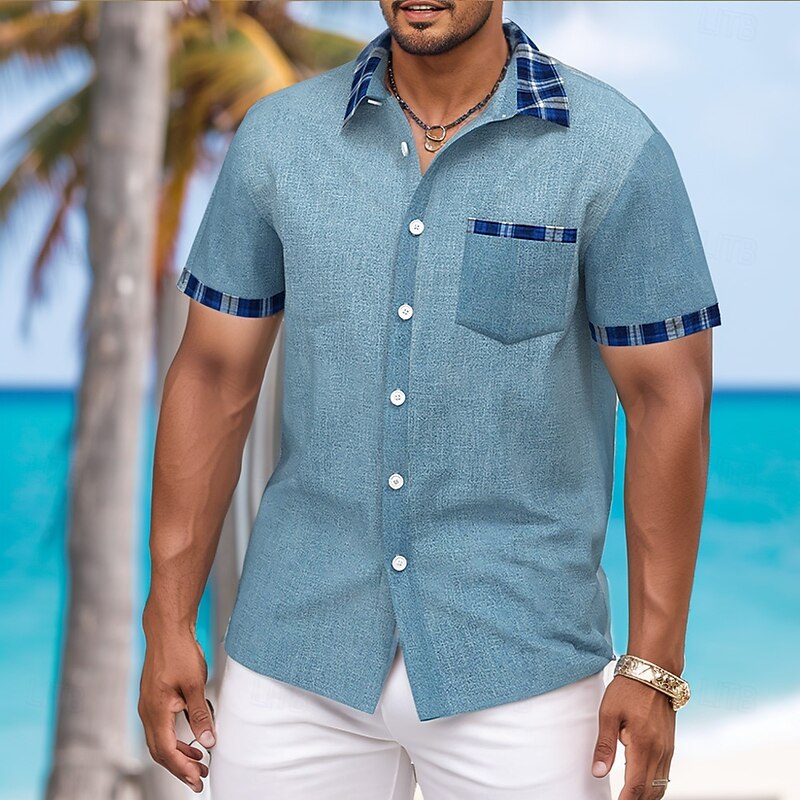 Men's Geometric Plaid Grid Pattern Linen Shirt Summer Shirt Button Up Shirt Short Sleeve Fashion Casual Vacation Holiday Beach Wear Summer Spring Turndown Collared Shirts Front One Pocket Blue