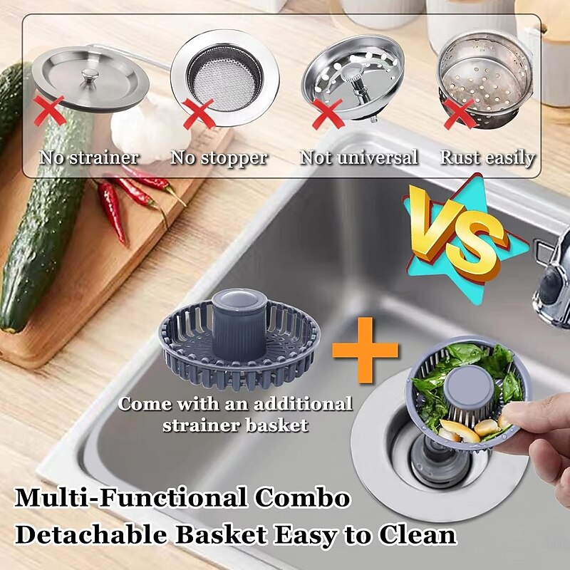 3 in 1 Kitchen Sink Stopper, Pop Up Kitchen Sink Drain Strainer, with An Extra Basket Strainer, Kitchen Sink Drain Stopper for US Standard 3-1/2 Inch, Brass Material Electroplate Silver2