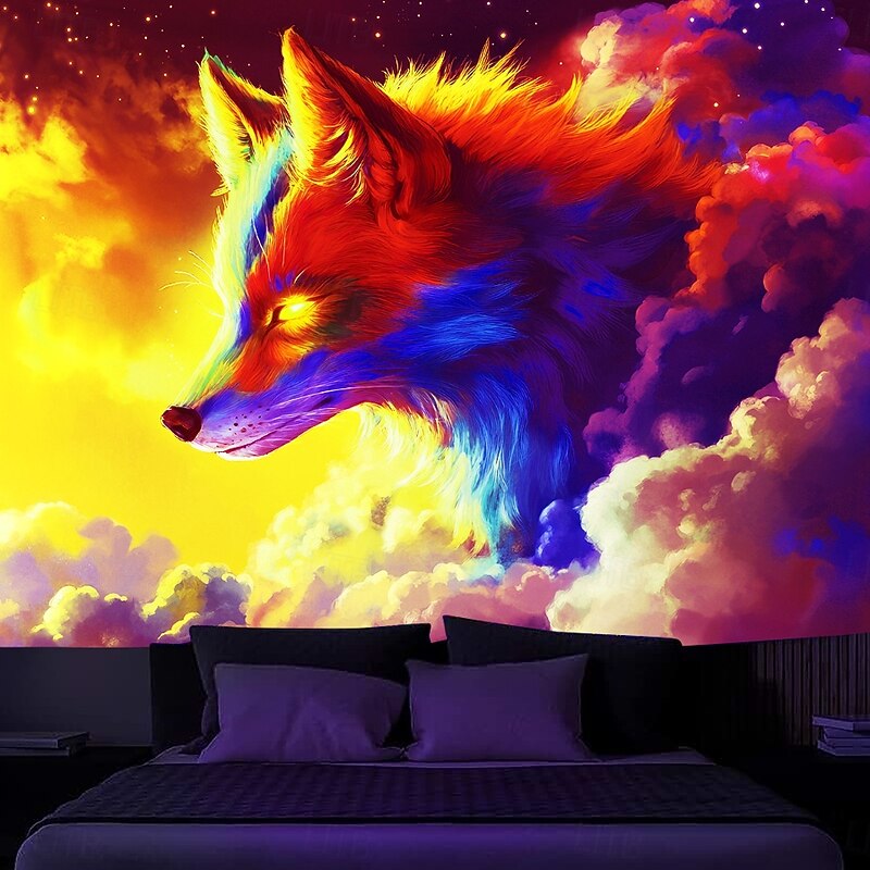 Blacklight Tapestry Glow in the Dark Glow Party UV Reactive Trippy Misty Animal Fox Nature Landscape Hanging Tapestry Wall Art Mural for Living Room Bedroom3