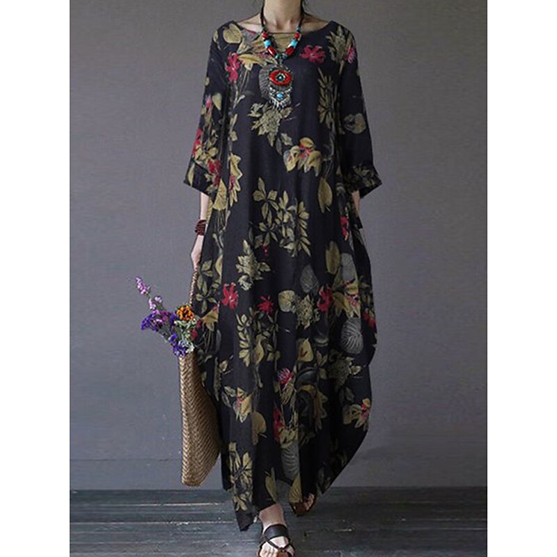 Women's Maxi Dress Cotton Linen Dresses Casual Dress Basic Casual Vacation Daily Regular Fit Floral Long Sleeve Crew Neck Magenta Navy Blue Orange Summer