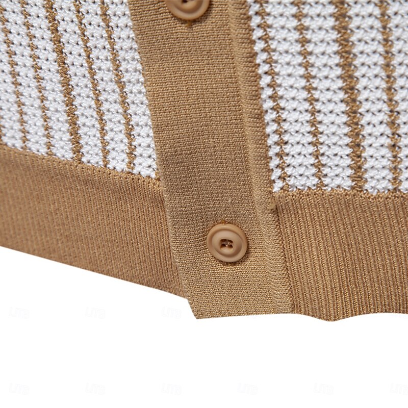 Men's Polo Knit Polo Sweater Formal Work Turndown Short Sleeve Striped Vertical Stripes Stripe-Trim Stripe Spring Green Khaki Polo4