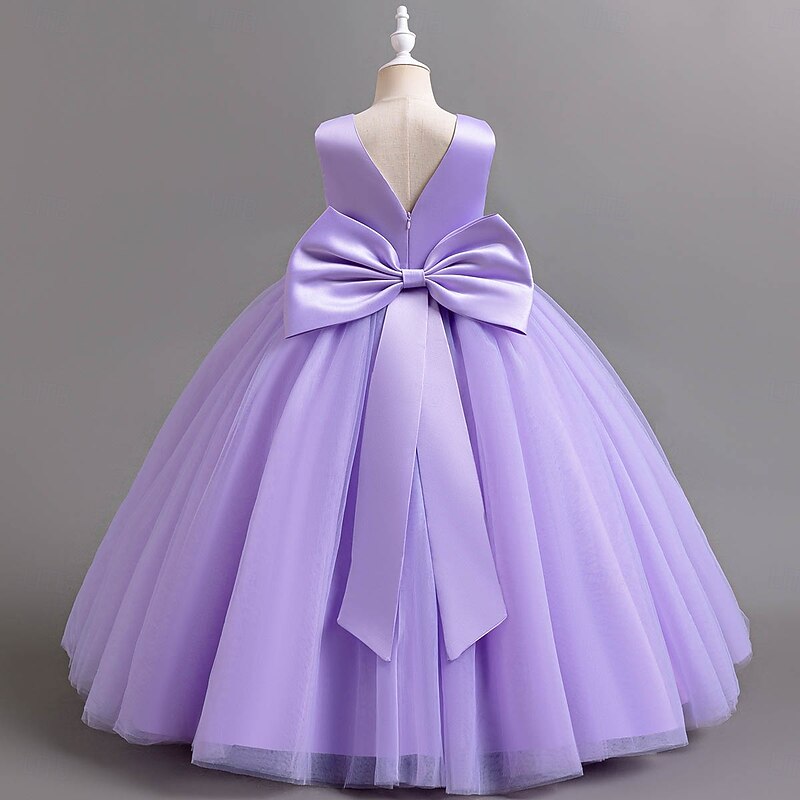 Kids Girls' Party Dress Solid Color Sleeveless Special Occasion Christmas Party Tie Knot Daily Sweet Polyester Maxi Party Dress Summer Spring Fall 3-10 Years Champagne Pink Purple4