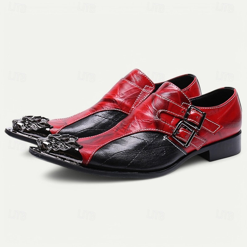 Men's Premium Cowhide Leather Double Buckle Loafers with Gold Tip Bold Red and Black Design and Lion Head Detail–Stylish Slip-On Shoes for Fashion-Forward Men and Special Occasions2
