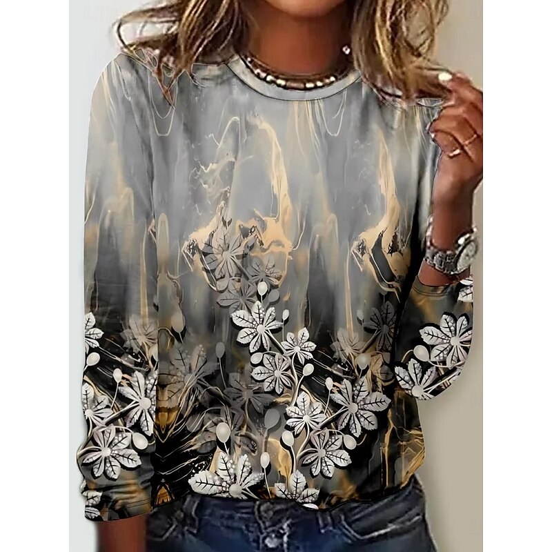 Women's T shirt Crew Neck Long Sleeve Tunic Floral Scenery Elegant Vintage  Regular Tops Daily Going out Weekend Print White Gray