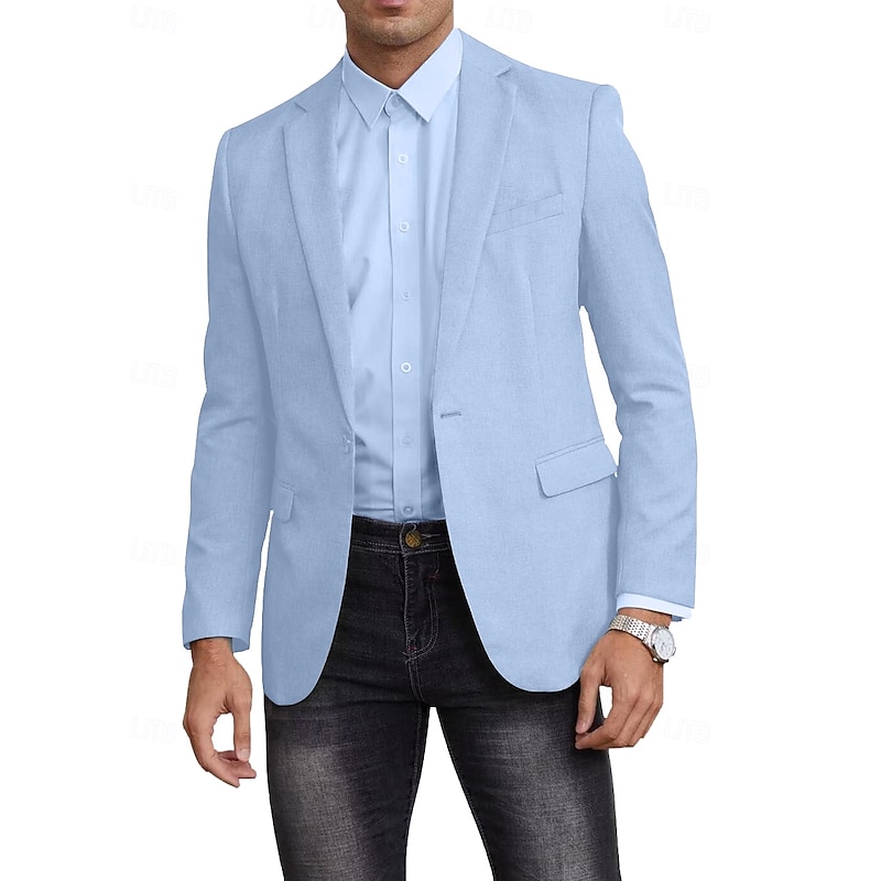 Men's Blazer Jacket Linen Blazer Notch Collar Fashion Casual Solid Colored Blazer Black Sky Blue Dark Blue Standard Fit Single Breasted One-button3