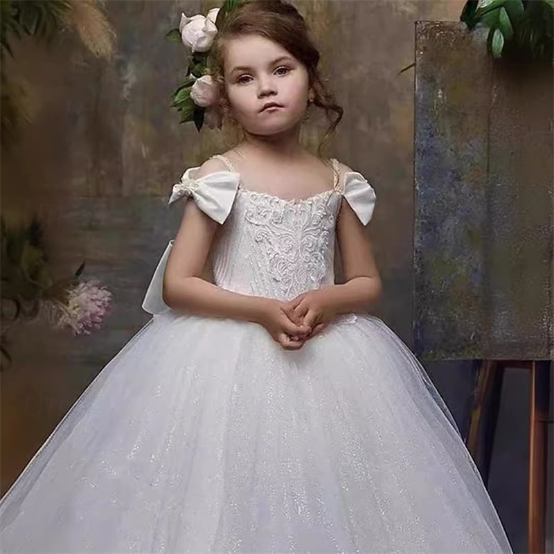 Flower Girl Dress Kid's Girls' Princess Dress Performance Wedding Party Elegant Beautiful Mesh Solid Color Sleeveless Off Shoulder White 4 years+3