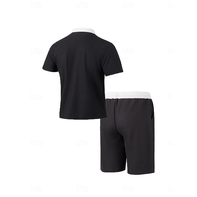 Men's T-shirt Suits 2 Pieces Outfits Tee & Shorts Short Sleeve Lapel Summer Color Block Fashion Casual 2 Piece Vacation Daily Wear Going out Black White Wine Top Tee for Men4