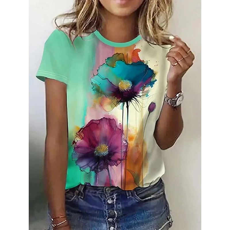 Women's T Shirt Floral Color Block Casual Short Sleeve Round Neck Regular Tops Daily Print Green Summer
