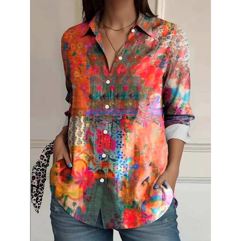 Women's Shirt Button Down Tunic Shirt Collar Long Sleeve Floral Casual Regular Tops Work Daily s Print Pink Red Blue Orange Rainbow Spring Fall