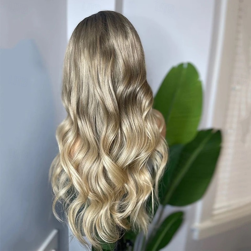 Brazilian Remy Human Hair Ombre Highlight 5x5 Closure Wigs 13x4 Lace Front Human Hair Wig Wavy Ash Blonde Human Hair Gluelesswigs Pre-Plucked For Women3
