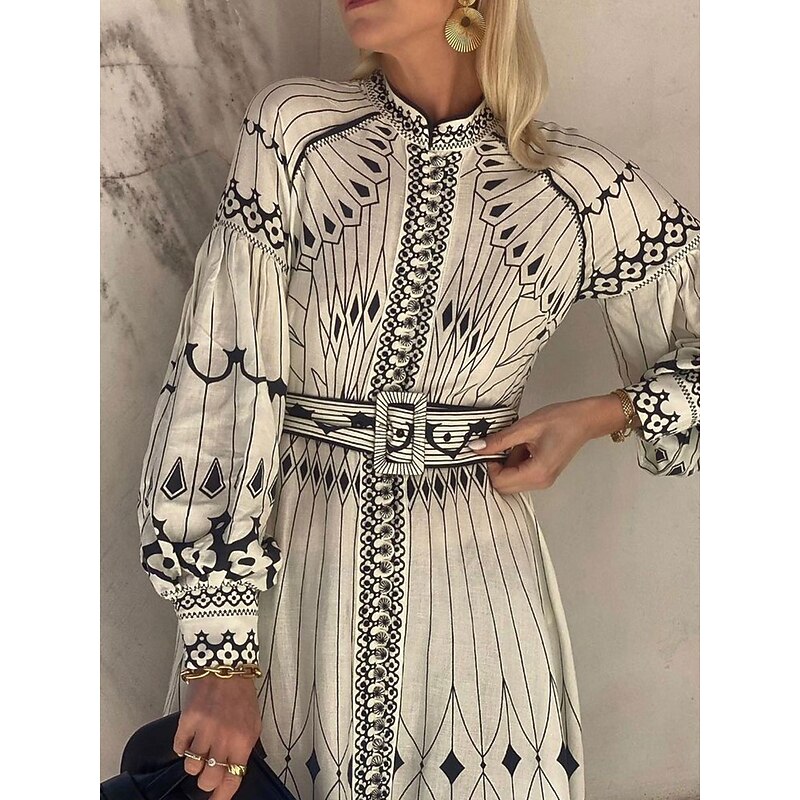 Women's Midi Dress Corset Dress A Line Dress Puff Sleeve Dress Vacation Semi Formal Formal Vacation Work Regular Fit Graphic Short Sleeve High Neck White Summer3